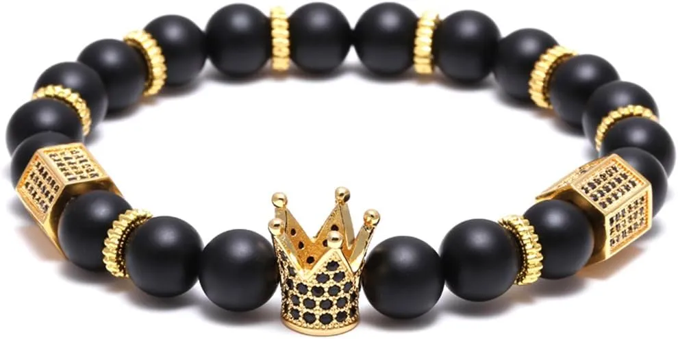 SEVENSTONE 8mm Crown King Charm Bracelet for Men Women Black Matte Onyx Stone Beads, 7.5"