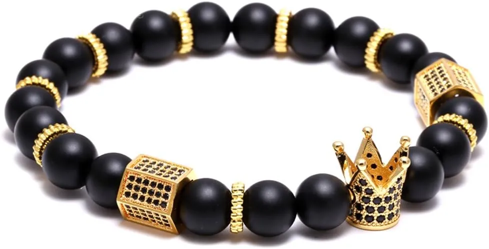 SEVENSTONE 8mm Crown King Charm Bracelet for Men Women Black Matte Onyx Stone Beads, 7.5"