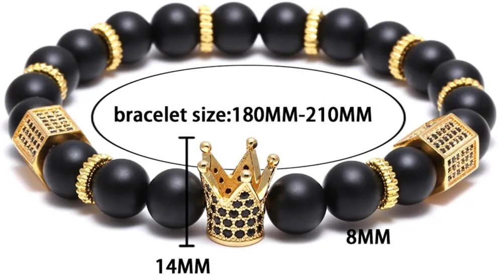 SEVENSTONE 8mm Crown King Charm Bracelet for Men Women Black Matte Onyx Stone Beads, 7.5"