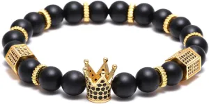 SEVENSTONE 8mm Crown King Charm Bracelet for Men Women Black Matte Onyx Stone Beads, 7.5"