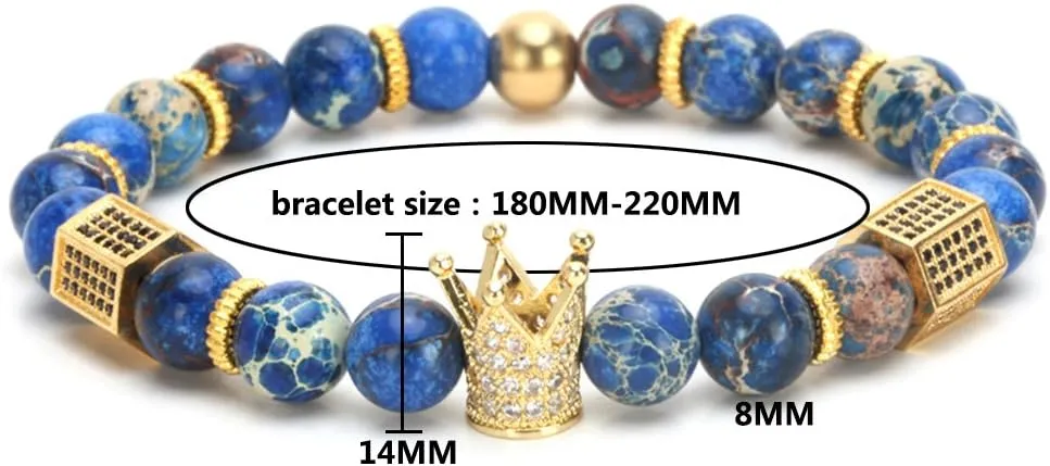 SEVENSTONE 8mm Crown King Charm Bracelet for Men Women Black Matte Onyx Stone Beads, 7.5"