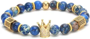 SEVENSTONE 8mm Crown King Charm Bracelet for Men Women Black Matte Onyx Stone Beads, 7.5"