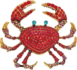 Shimmering Oversize Red Crystal Crab Brooch - Beach Animal Jewelry with Powder Blue Eyes, Bold Scarlet-Orange Statement Pin