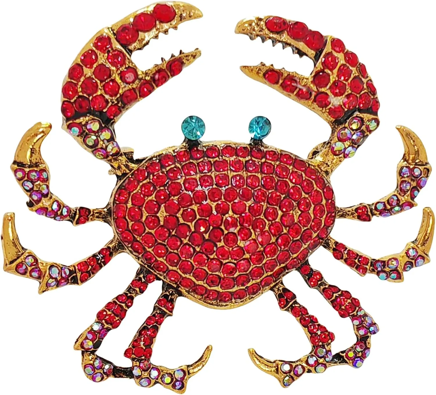 Shimmering Oversize Red Crystal Crab Brooch - Beach Animal Jewelry with Powder Blue Eyes, Bold Scarlet-Orange Statement Pin