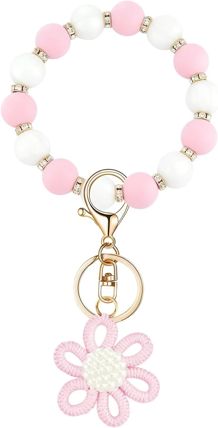 Silicone Beaded Bangle Key Ring With Butterfly Pendant Wristlet Bracelet Keychain For Women Girls