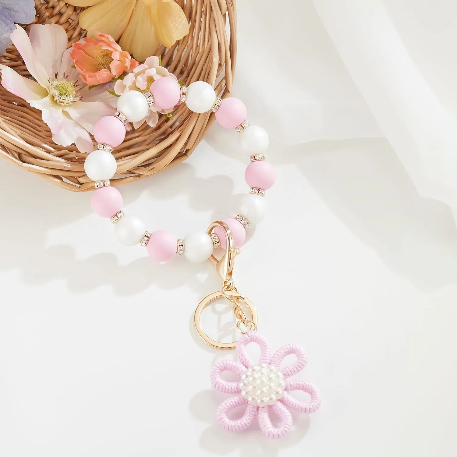 Silicone Beaded Bangle Key Ring With Butterfly Pendant Wristlet Bracelet Keychain For Women Girls