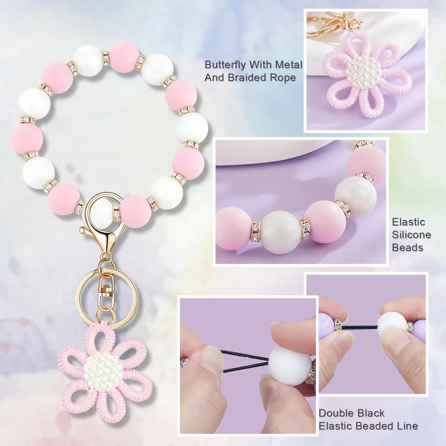 Silicone Beaded Bangle Key Ring With Butterfly Pendant Wristlet Bracelet Keychain For Women Girls