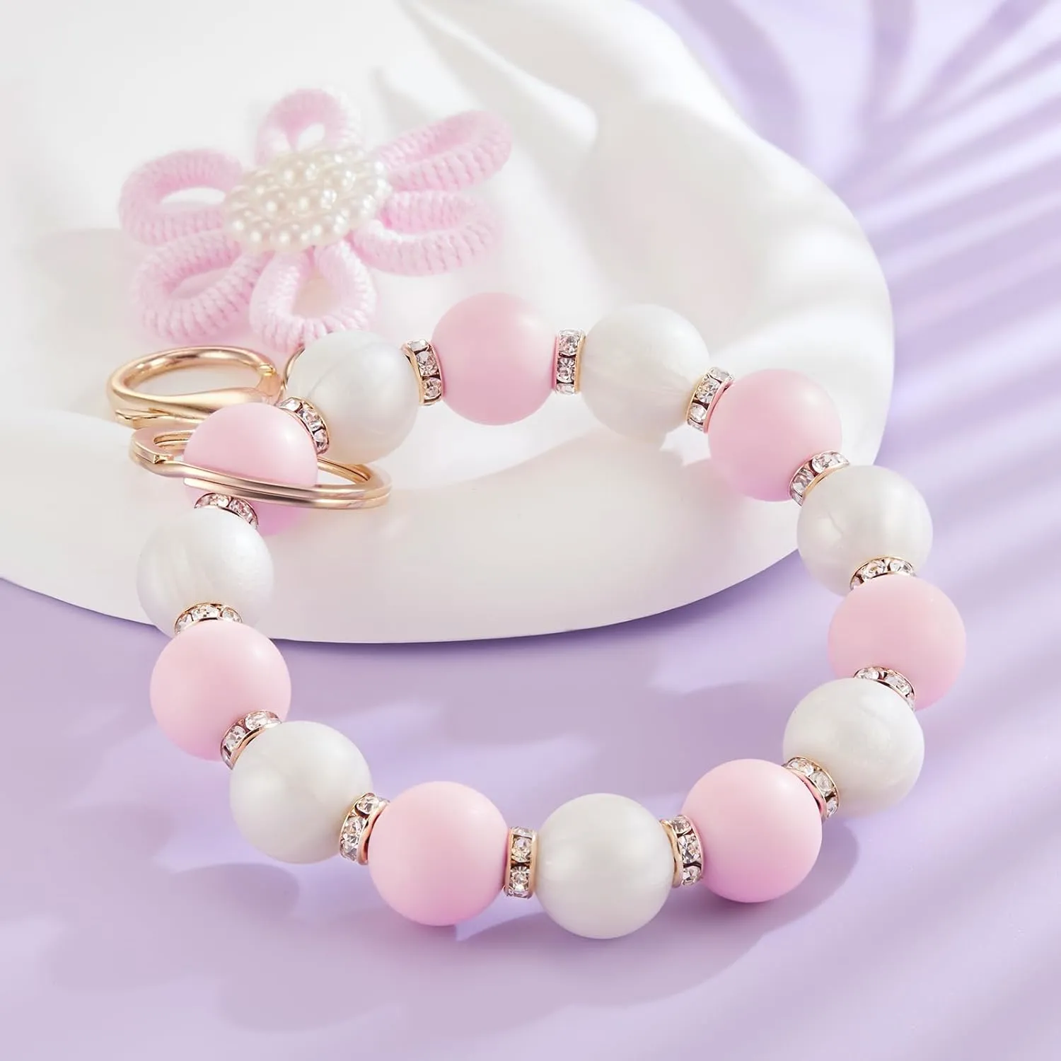 Silicone Beaded Bangle Key Ring With Butterfly Pendant Wristlet Bracelet Keychain For Women Girls