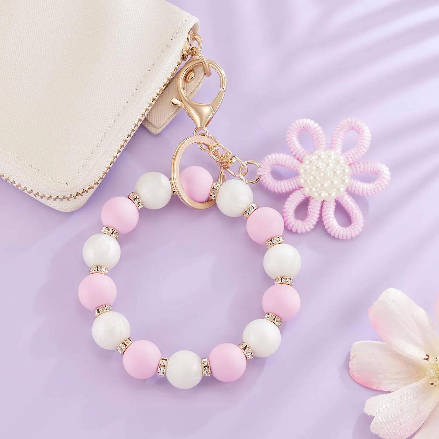 Silicone Beaded Bangle Key Ring With Butterfly Pendant Wristlet Bracelet Keychain For Women Girls