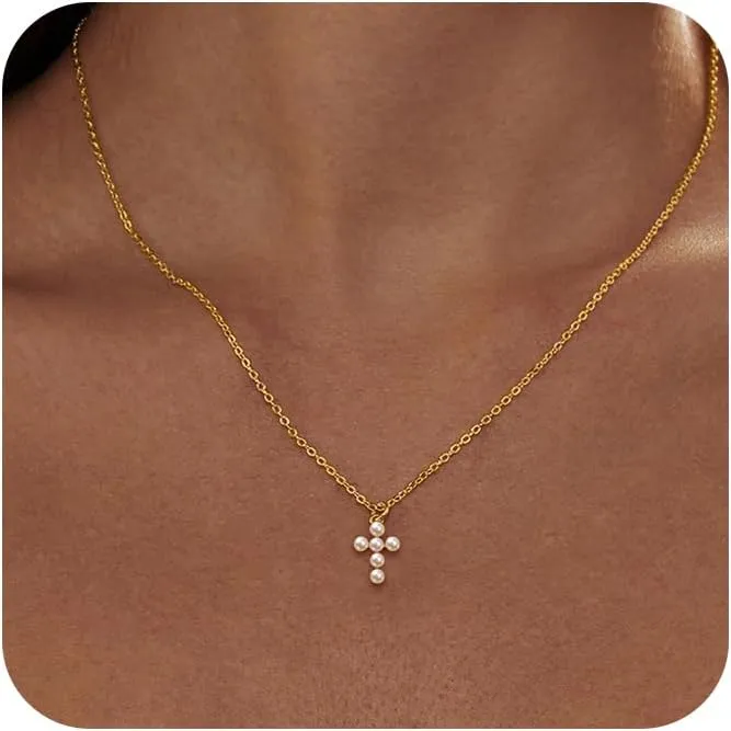 Silver 6MM Cream White Round Pearl Choker, 14K Gold Plated Dainty Cross Bow Lobster Clasp Necklace for Women Jewelry Gifts