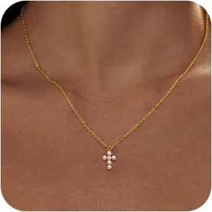 Silver 6MM Cream White Round Pearl Choker, 14K Gold Plated Dainty Cross Bow Lobster Clasp Necklace for Women Jewelry Gifts