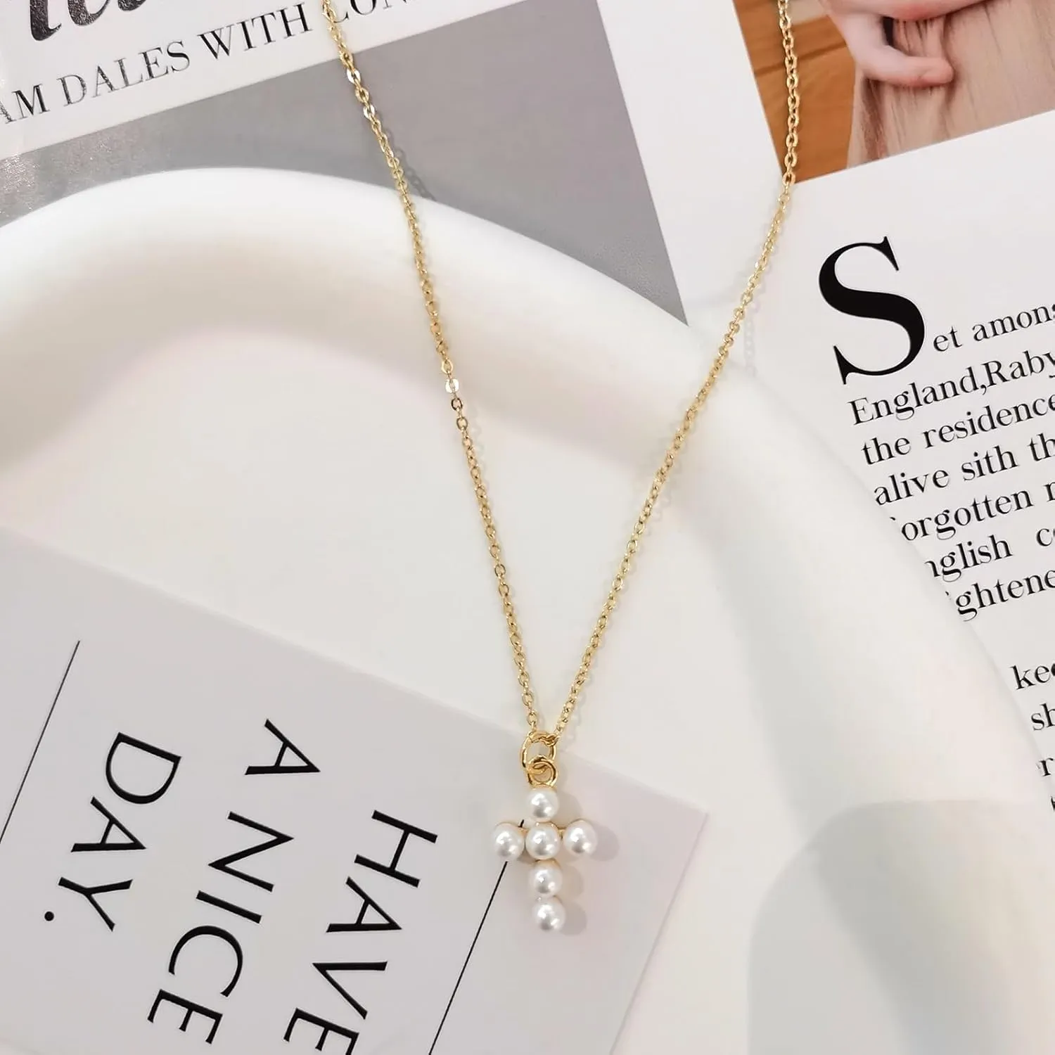 Silver 6MM Cream White Round Pearl Choker, 14K Gold Plated Dainty Cross Bow Lobster Clasp Necklace for Women Jewelry Gifts