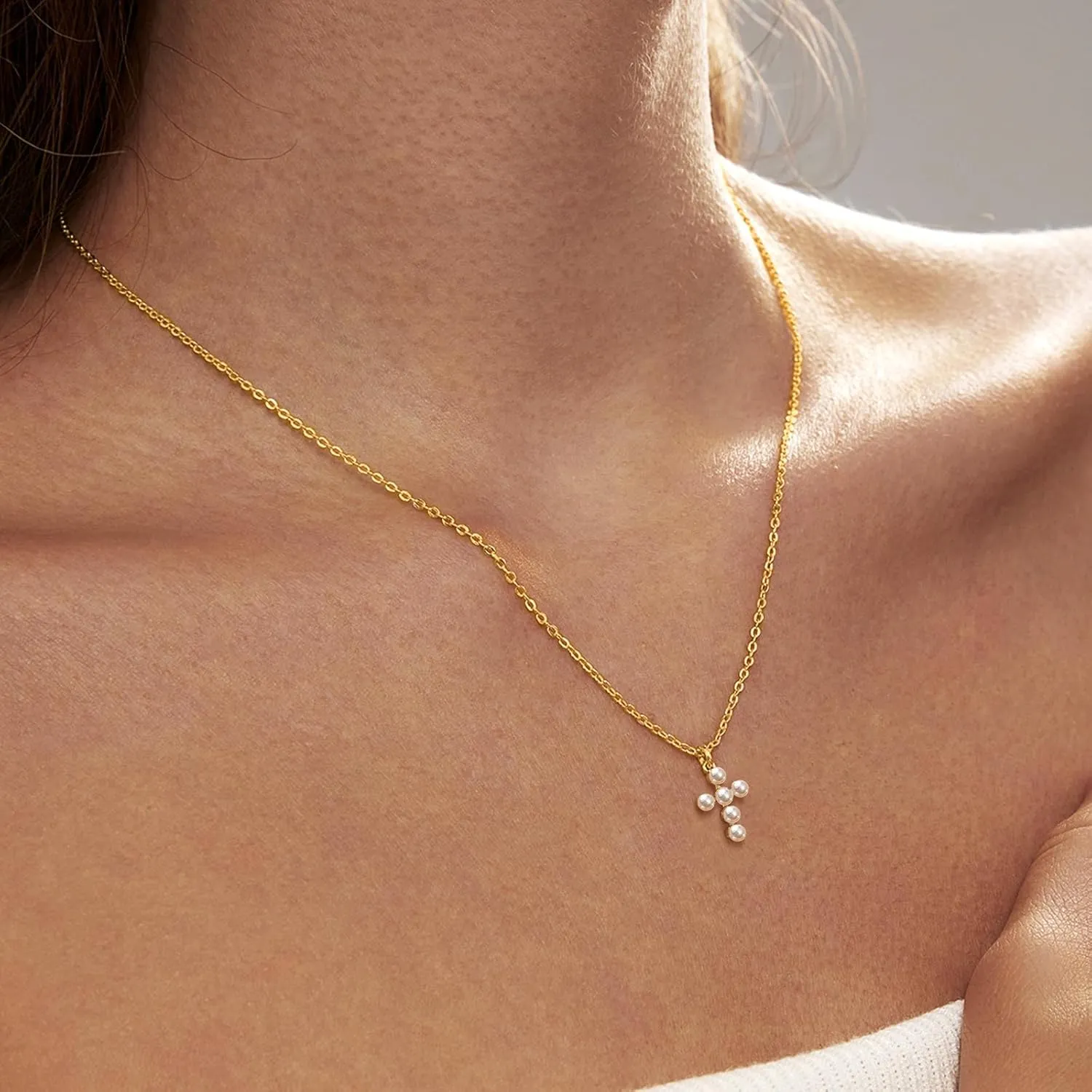 Silver 6MM Cream White Round Pearl Choker, 14K Gold Plated Dainty Cross Bow Lobster Clasp Necklace for Women Jewelry Gifts