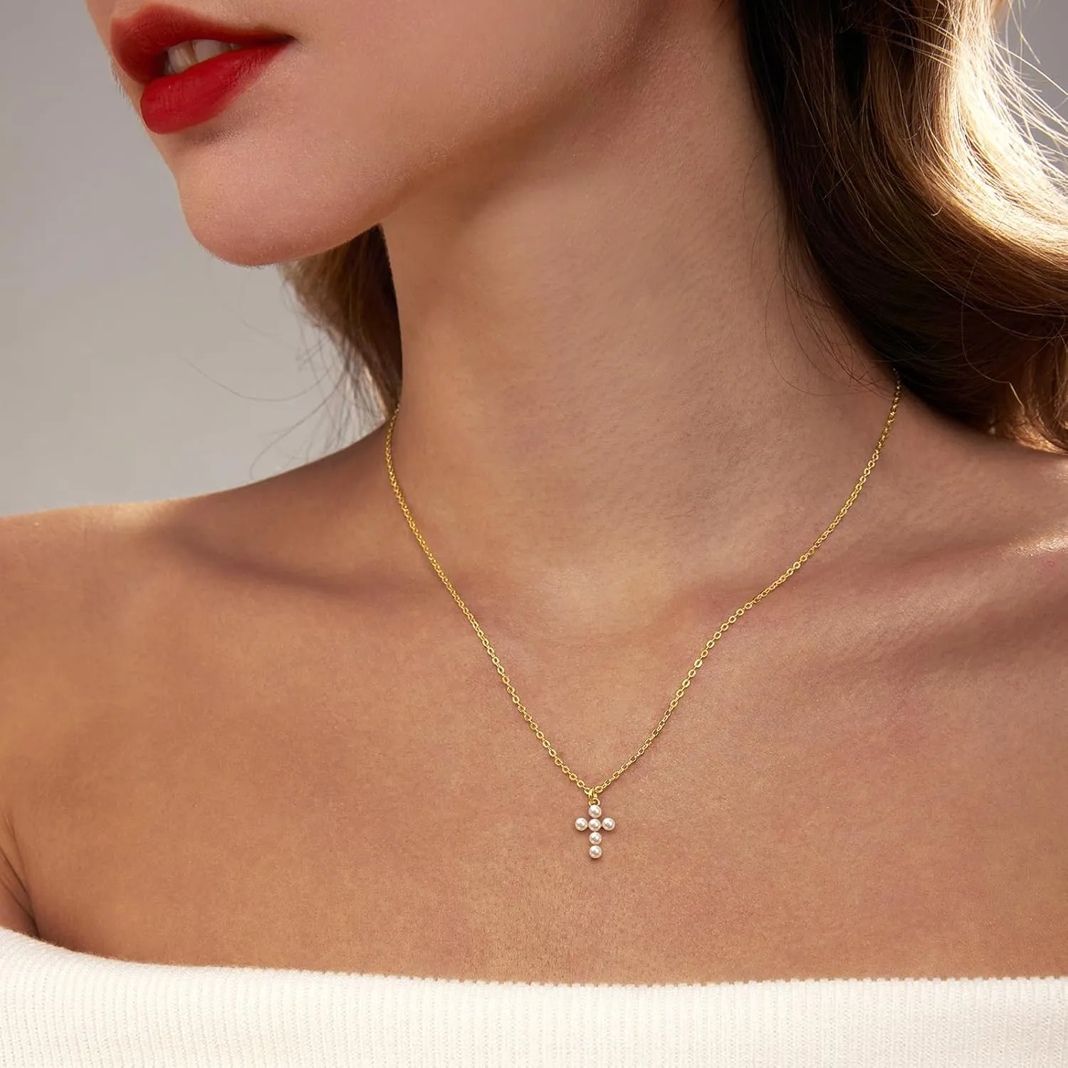 Silver 6MM Cream White Round Pearl Choker, 14K Gold Plated Dainty Cross Bow Lobster Clasp Necklace for Women Jewelry Gifts