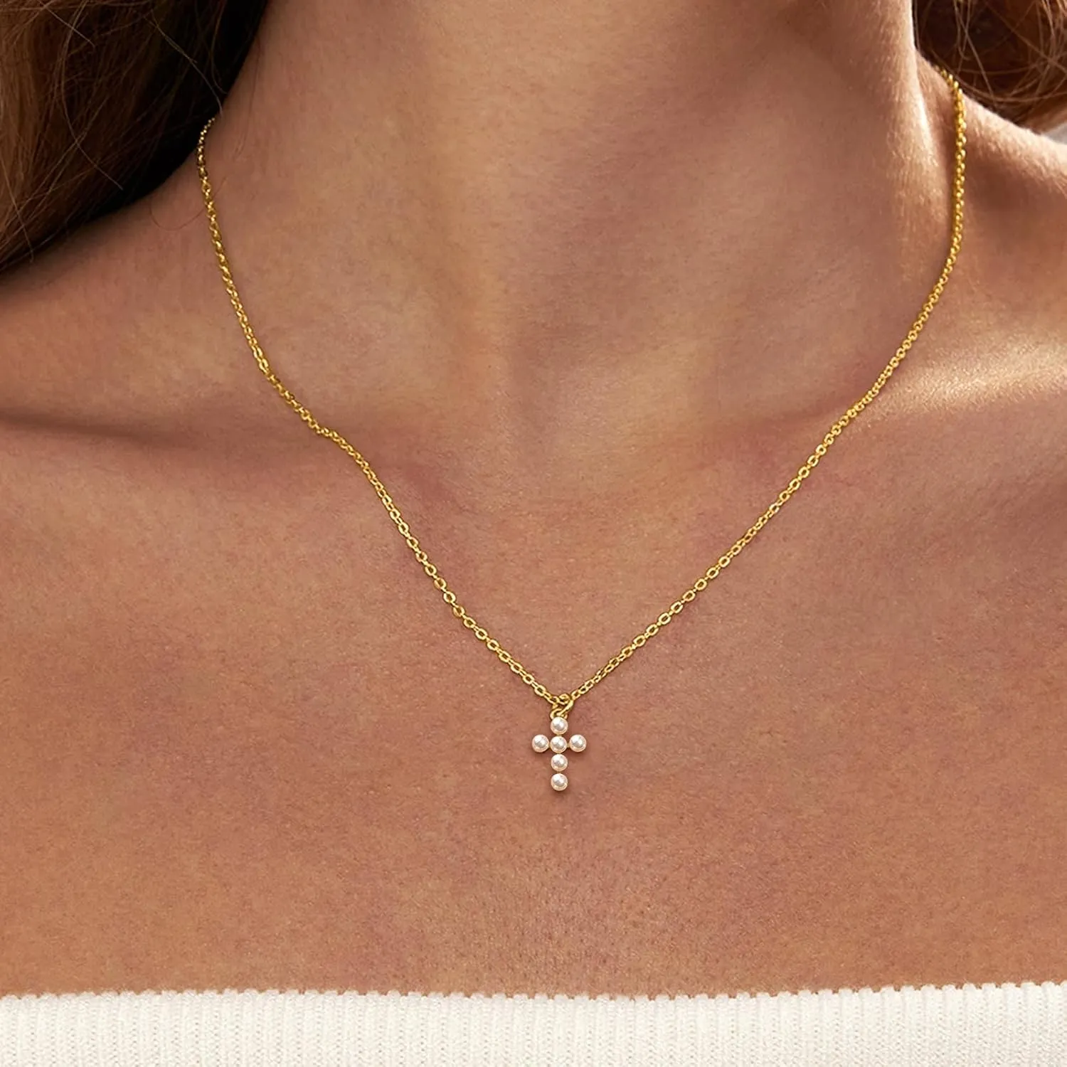 Silver 6MM Cream White Round Pearl Choker, 14K Gold Plated Dainty Cross Bow Lobster Clasp Necklace for Women Jewelry Gifts