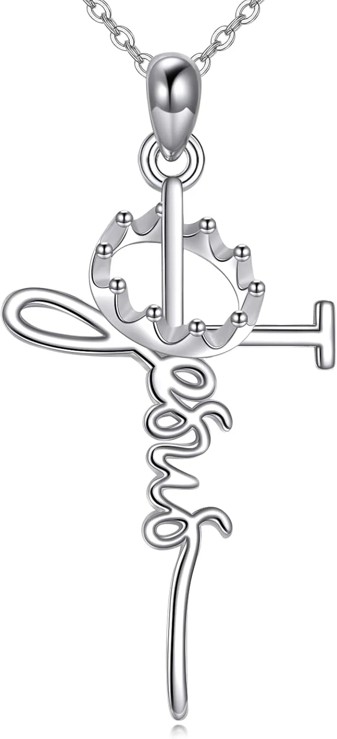 Silver Cross Necklace for Women Jesus Crown Cross Pendants Religious Jewelry Christian Baptism First Communion Day Gifts for Mother Mom Wife
