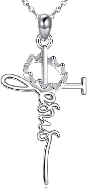 Silver Cross Necklace for Women Jesus Crown Cross Pendants Religious Jewelry Christian Baptism First Communion Day Gifts for Mother Mom Wife