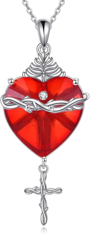 Silver Cross Necklace for Women Red Sacred Heart Cross Pendants Religious Jewelry Christian Baptism First Communion Day Gifts for Mother Mom Wife