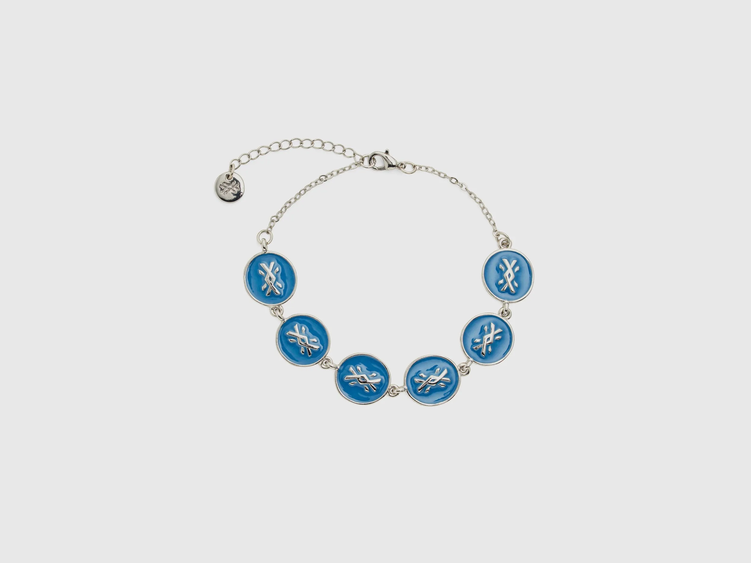 Silver Finish Metal Bracelet with Enamelled Blue Pendants and Adjustable Hook Closure