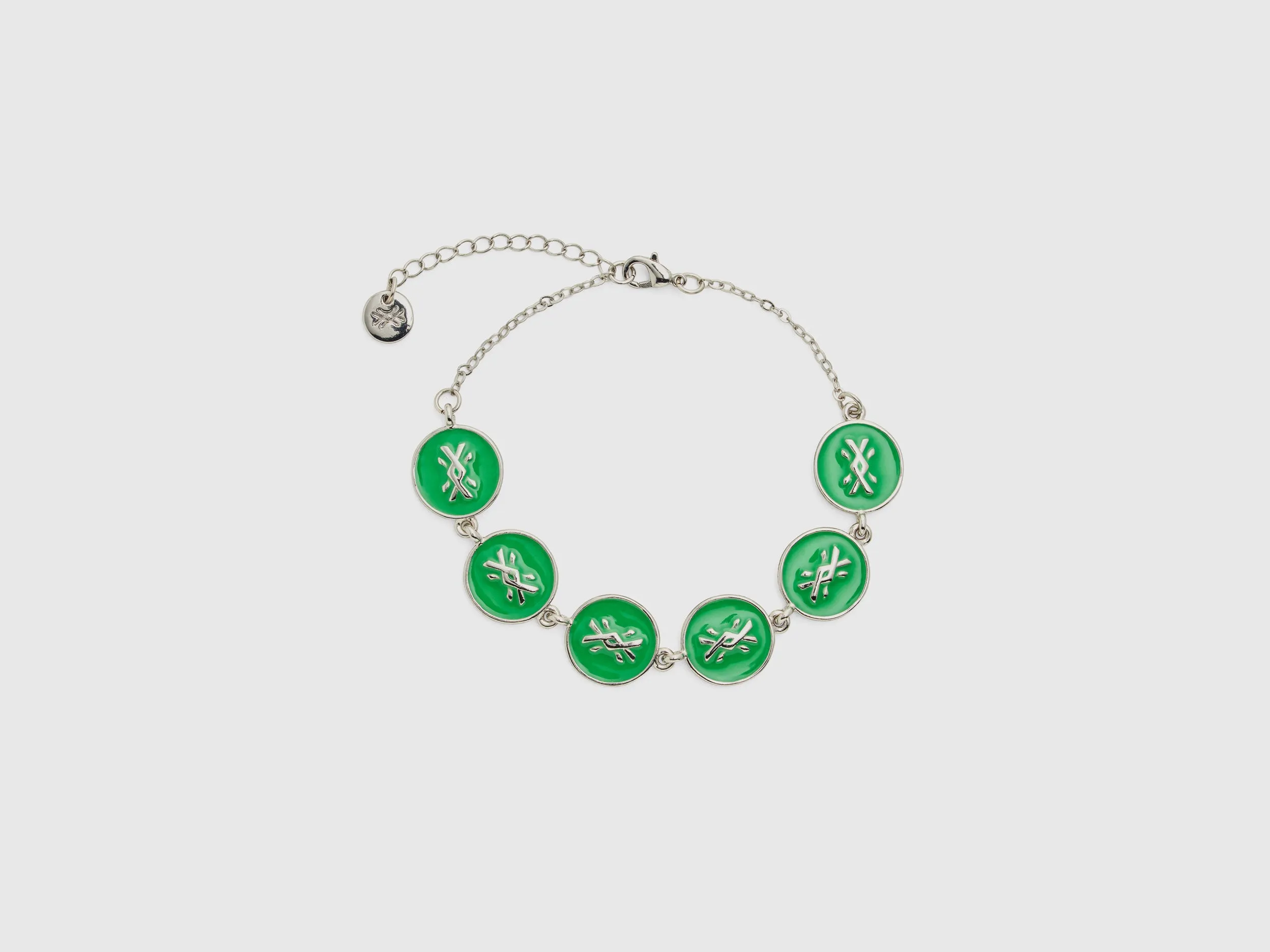 Silver Finish Metal Bracelet with Enamelled Green Pendants and Adjustable Hook Closure