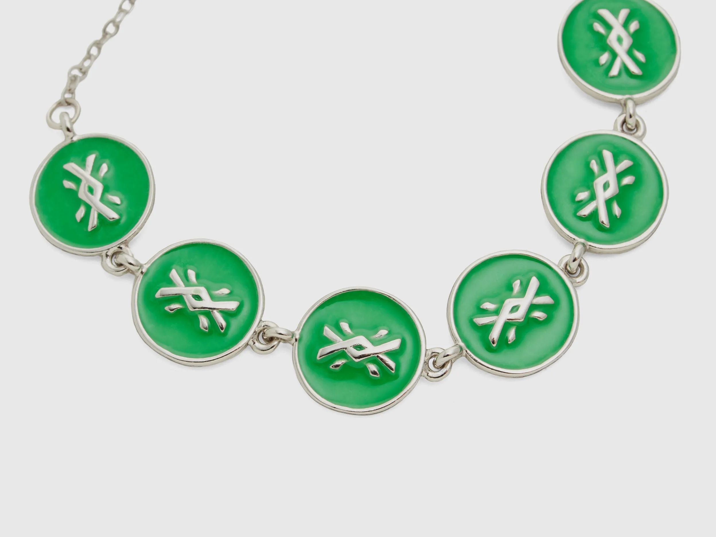 Silver Finish Metal Bracelet with Enamelled Green Pendants and Adjustable Hook Closure