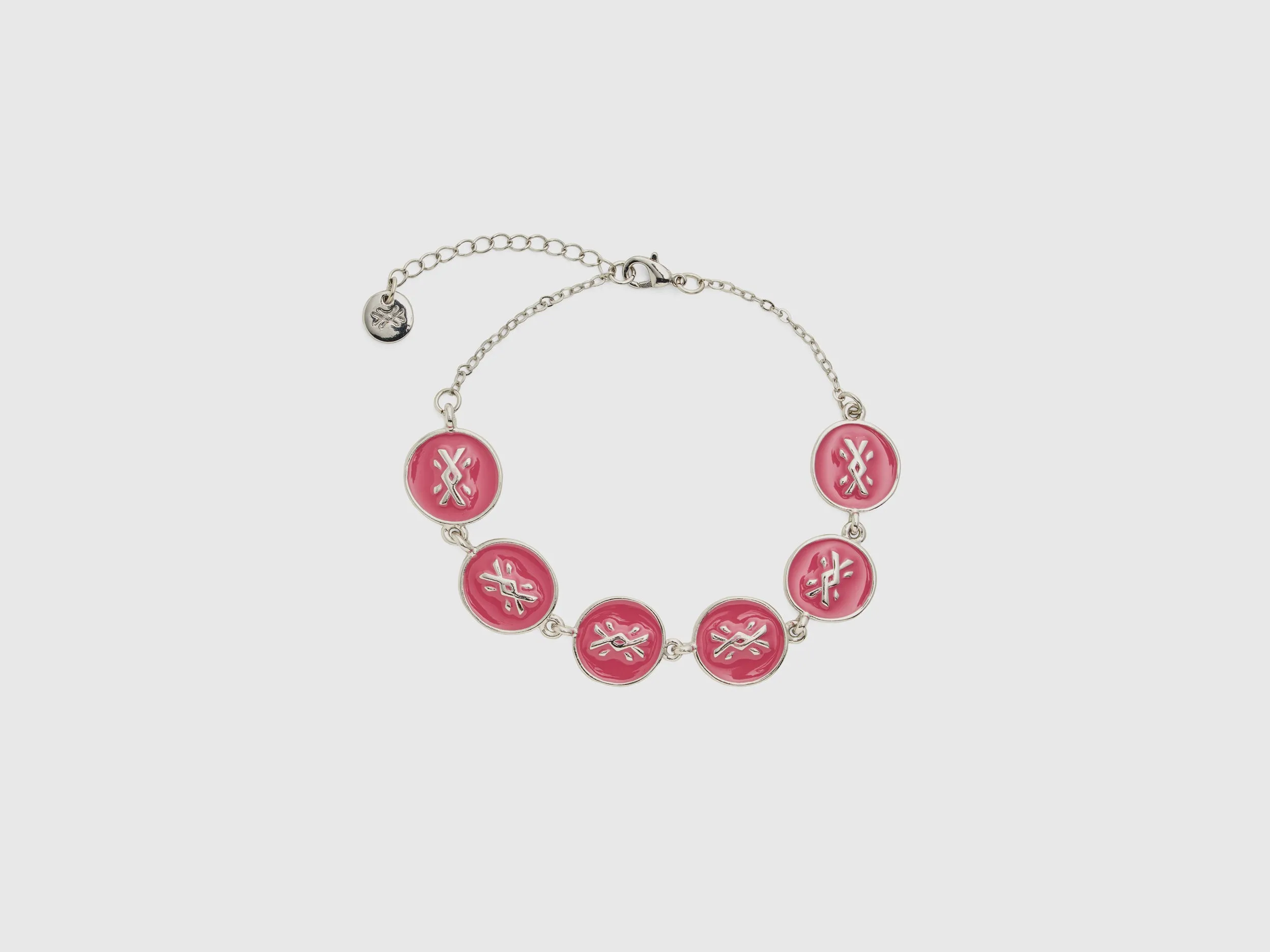 Silver Finish Metal Bracelet with Enamelled Pink Pendants and Adjustable Hook Closure