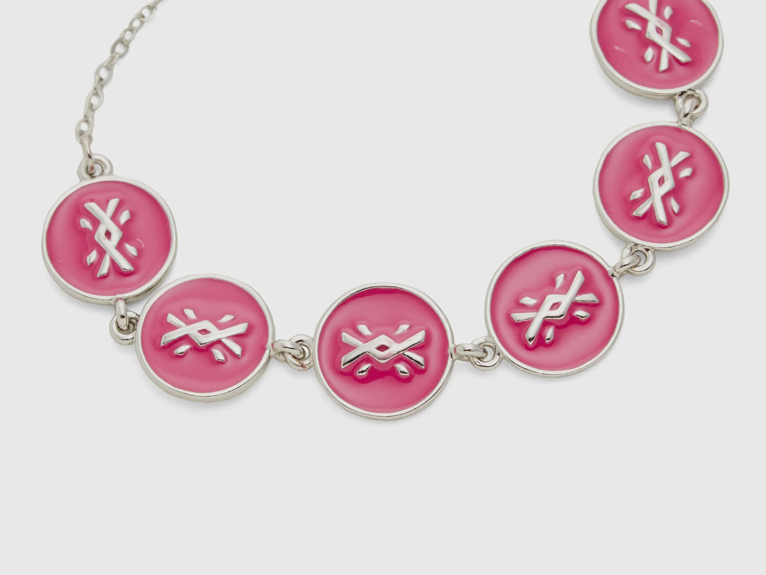 Silver Finish Metal Bracelet with Enamelled Pink Pendants and Adjustable Hook Closure