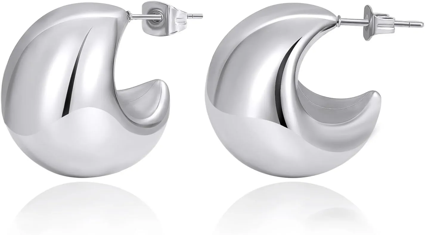 Silver Puff Hoop Earrings for Women 18K Gold Plated Chunky Teardrop Earrings Jewelry Ultra Thick Buttone Earrings Chunky Gold Hoop Earrings Teardrop Earrings Jewelry
