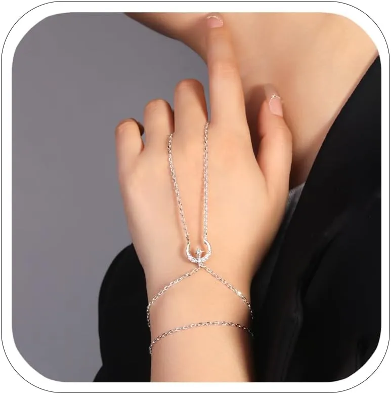 Silver Star Moon Finger Bracelet Ring Hand Harness Chain Layered Rhinestone Boho Hand Chain Jewelry for Women Wedding