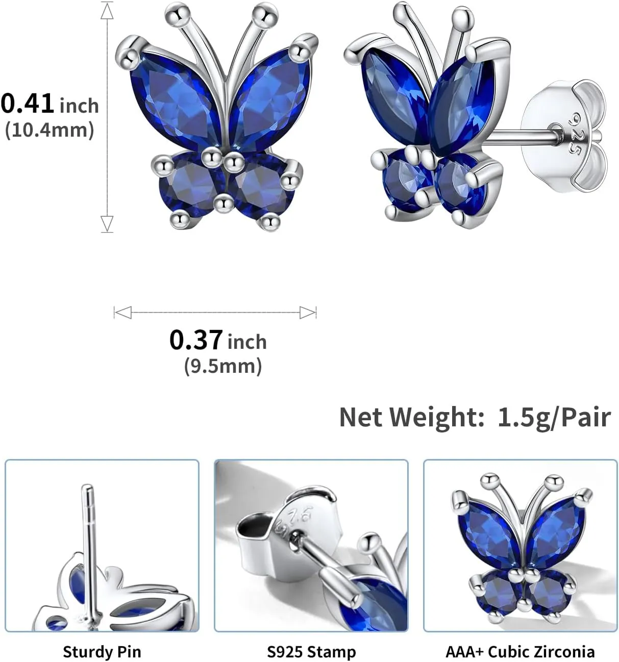 SILVERCUTE Butterfly Earrings Necklace Ring, 925 Sterling Silver Cute Ear Cuffs/Stackable Rings/Stud Earrings for Women Teen Girls -Stunning CZ Birthstone Butterfly Jewelry Gift with Box
