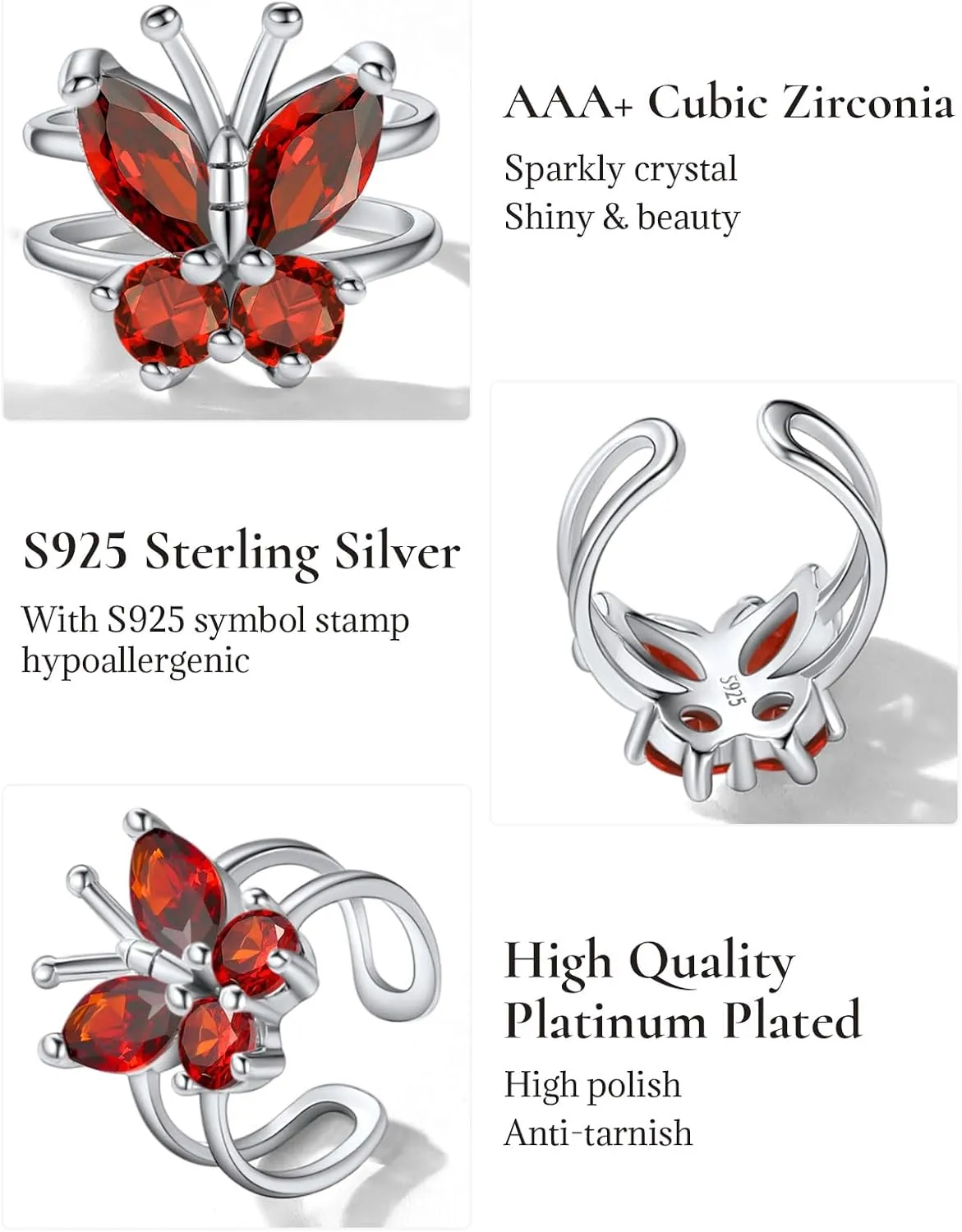 SILVERCUTE Butterfly Earrings Necklace Ring, 925 Sterling Silver Cute Ear Cuffs/Stackable Rings/Stud Earrings for Women Teen Girls -Stunning CZ Birthstone Butterfly Jewelry Gift with Box