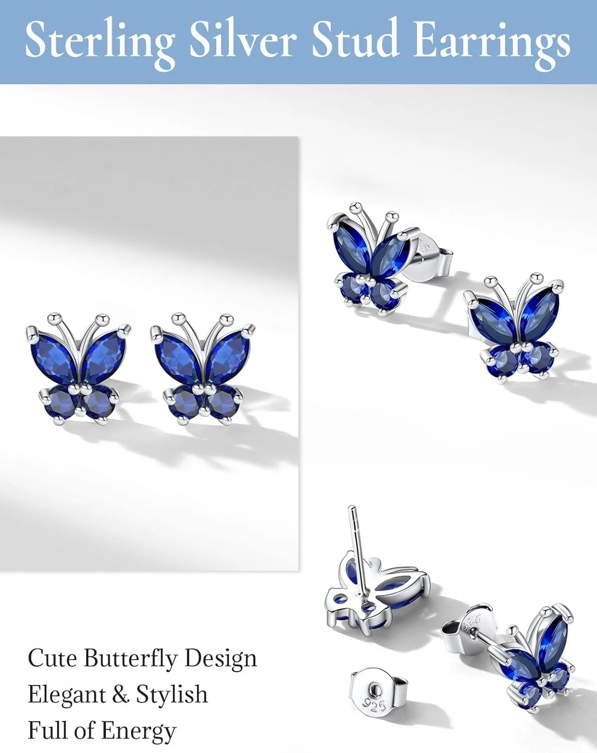 SILVERCUTE Butterfly Earrings Necklace Ring, 925 Sterling Silver Cute Ear Cuffs/Stackable Rings/Stud Earrings for Women Teen Girls -Stunning CZ Birthstone Butterfly Jewelry Gift with Box