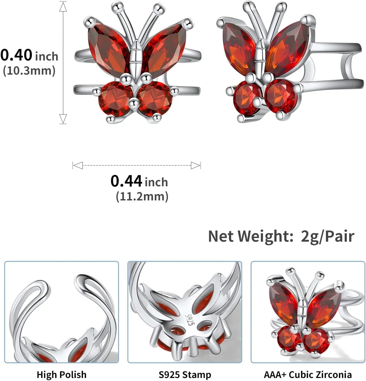 SILVERCUTE Butterfly Earrings Necklace Ring, 925 Sterling Silver Cute Ear Cuffs/Stackable Rings/Stud Earrings for Women Teen Girls -Stunning CZ Birthstone Butterfly Jewelry Gift with Box
