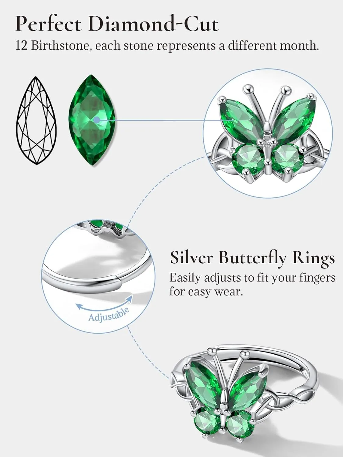 SILVERCUTE Butterfly Earrings Necklace Ring, 925 Sterling Silver Cute Ear Cuffs/Stackable Rings/Stud Earrings for Women Teen Girls -Stunning CZ Birthstone Butterfly Jewelry Gift with Box