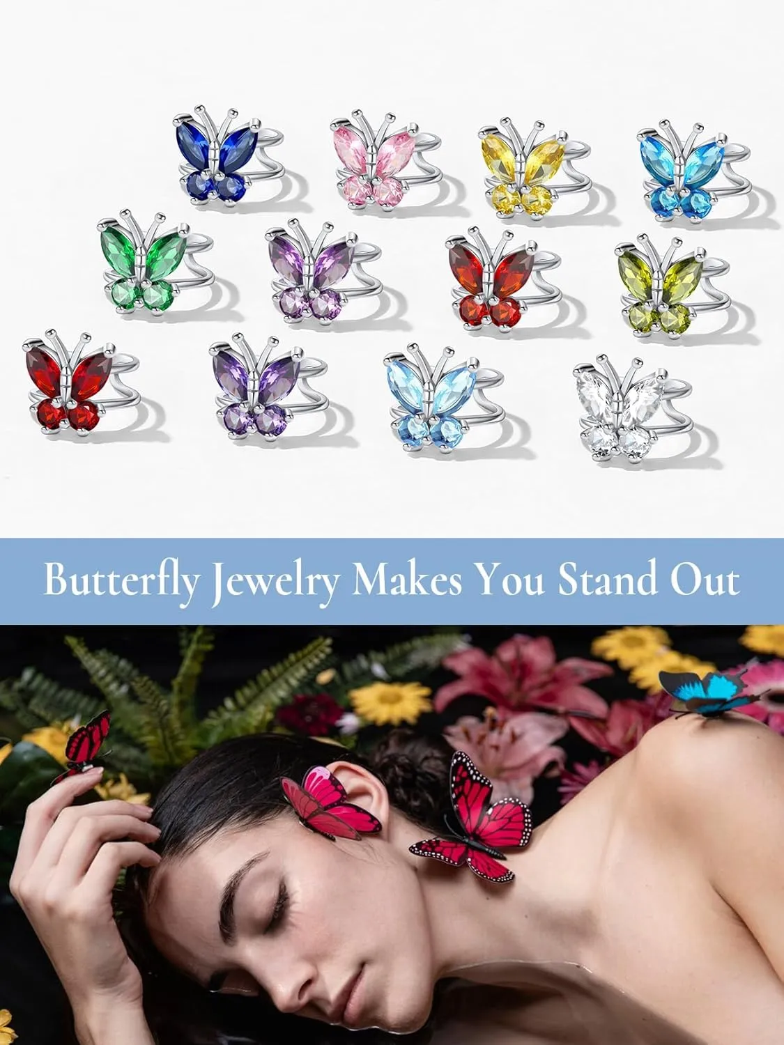 SILVERCUTE Butterfly Earrings Necklace Ring, 925 Sterling Silver Cute Ear Cuffs/Stackable Rings/Stud Earrings for Women Teen Girls -Stunning CZ Birthstone Butterfly Jewelry Gift with Box