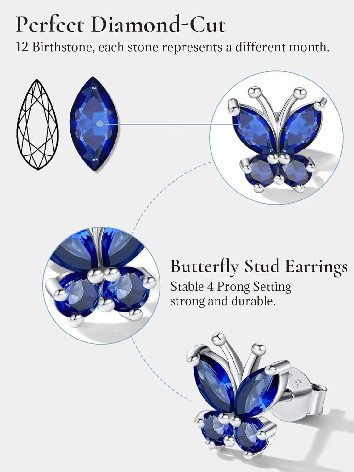 SILVERCUTE Butterfly Earrings Necklace Ring, 925 Sterling Silver Cute Ear Cuffs/Stackable Rings/Stud Earrings for Women Teen Girls -Stunning CZ Birthstone Butterfly Jewelry Gift with Box