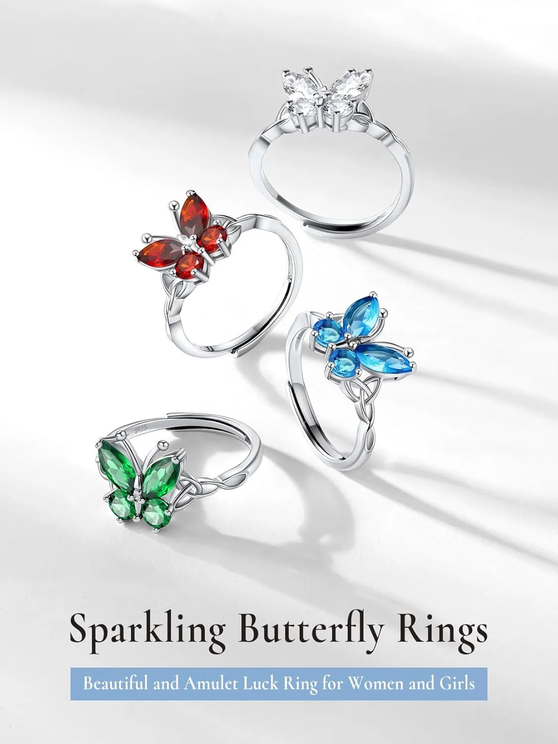 SILVERCUTE Butterfly Earrings Necklace Ring, 925 Sterling Silver Cute Ear Cuffs/Stackable Rings/Stud Earrings for Women Teen Girls -Stunning CZ Birthstone Butterfly Jewelry Gift with Box