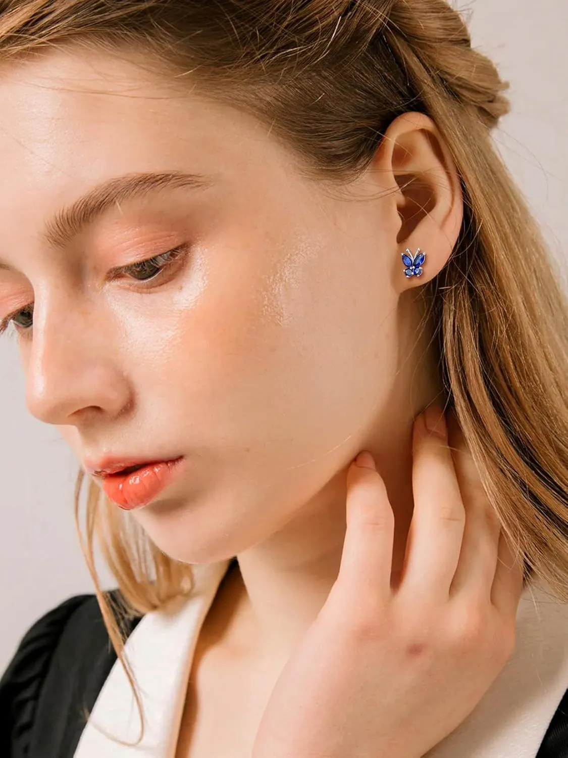 SILVERCUTE Butterfly Earrings Necklace Ring, 925 Sterling Silver Cute Ear Cuffs/Stackable Rings/Stud Earrings for Women Teen Girls -Stunning CZ Birthstone Butterfly Jewelry Gift with Box