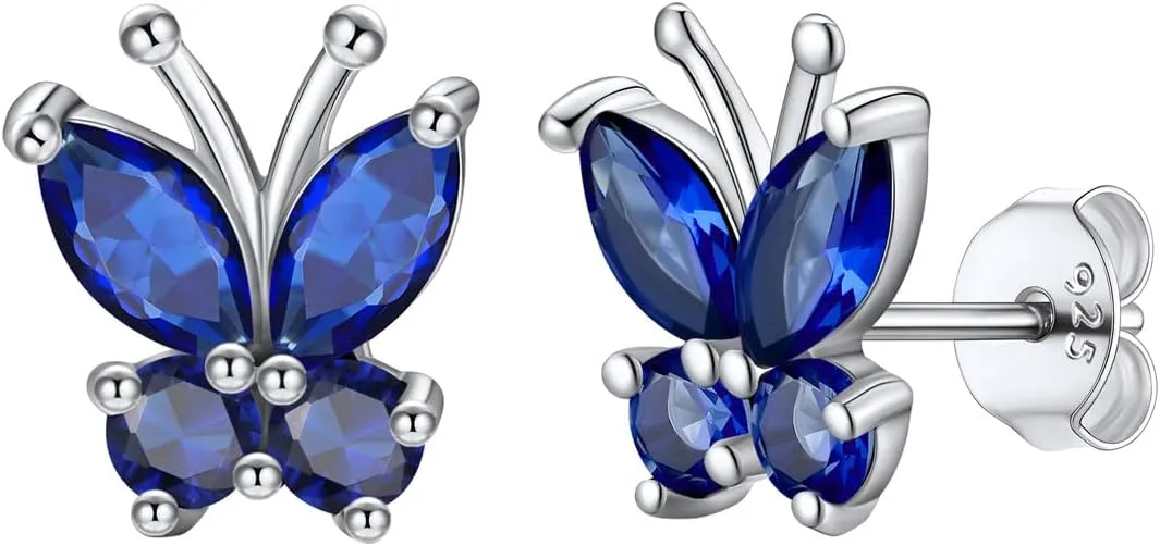 SILVERCUTE Butterfly Earrings Necklace Ring, 925 Sterling Silver Cute Ear Cuffs/Stackable Rings/Stud Earrings for Women Teen Girls -Stunning CZ Birthstone Butterfly Jewelry Gift with Box