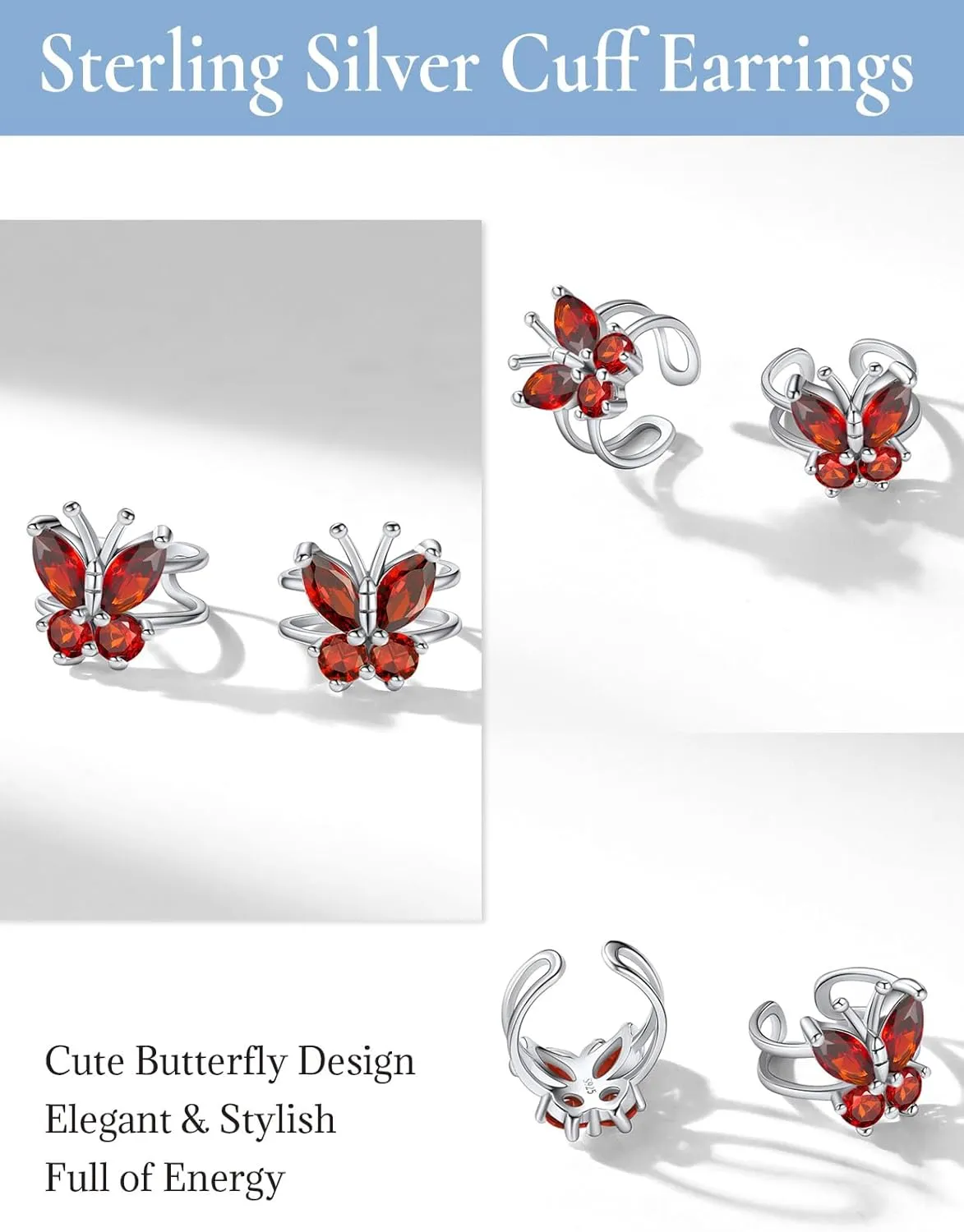SILVERCUTE Butterfly Earrings Necklace Ring, 925 Sterling Silver Cute Ear Cuffs/Stackable Rings/Stud Earrings for Women Teen Girls -Stunning CZ Birthstone Butterfly Jewelry Gift with Box
