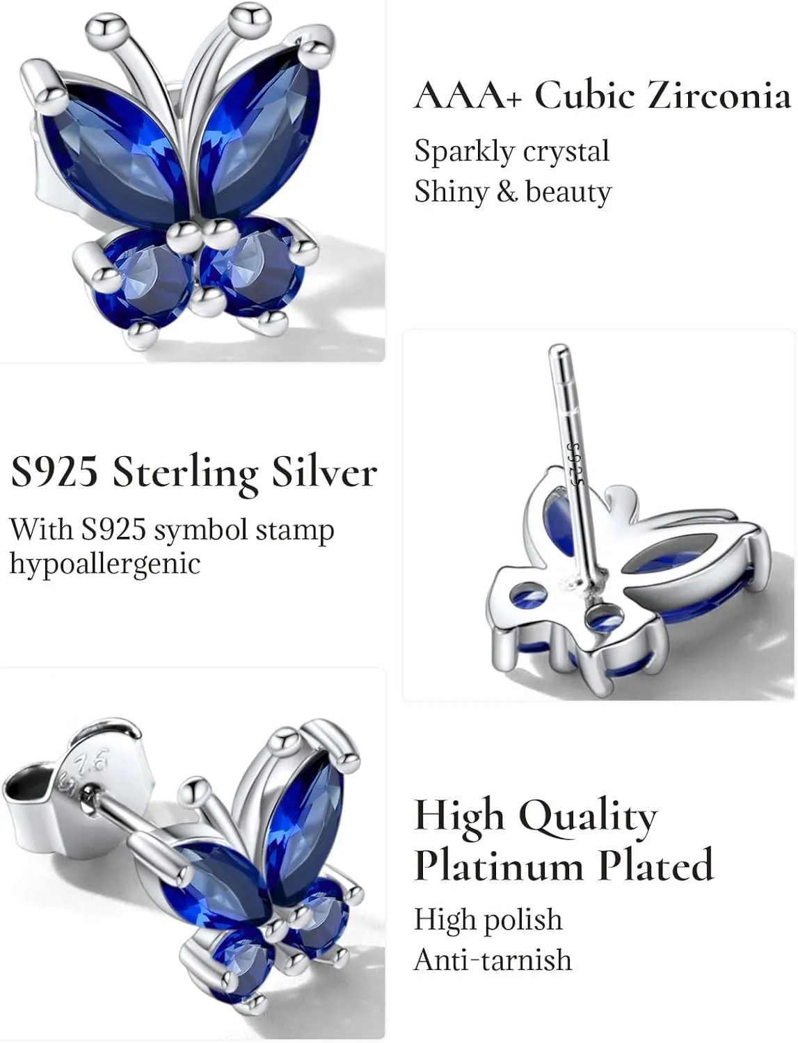 SILVERCUTE Butterfly Earrings Necklace Ring, 925 Sterling Silver Cute Ear Cuffs/Stackable Rings/Stud Earrings for Women Teen Girls -Stunning CZ Birthstone Butterfly Jewelry Gift with Box