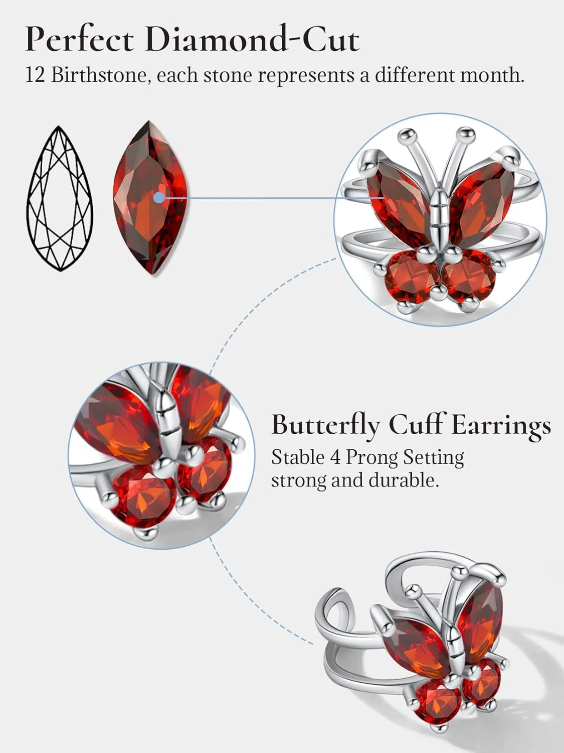 SILVERCUTE Butterfly Earrings Necklace Ring, 925 Sterling Silver Cute Ear Cuffs/Stackable Rings/Stud Earrings for Women Teen Girls -Stunning CZ Birthstone Butterfly Jewelry Gift with Box