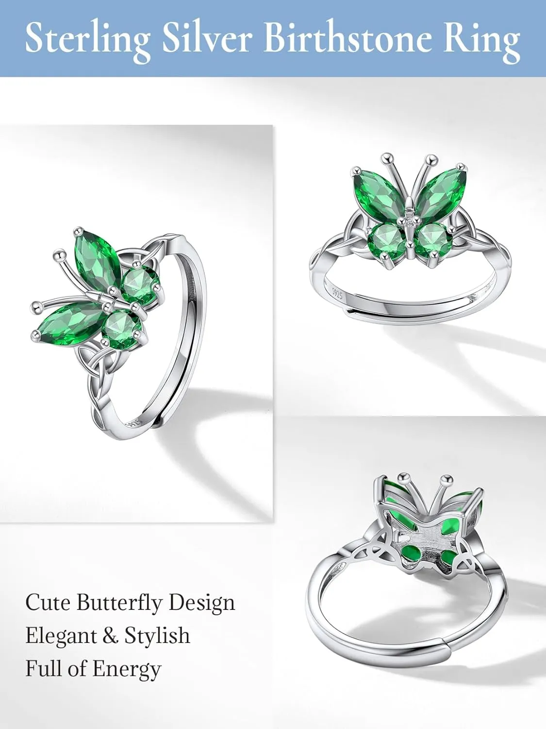 SILVERCUTE Butterfly Earrings Necklace Ring, 925 Sterling Silver Cute Ear Cuffs/Stackable Rings/Stud Earrings for Women Teen Girls -Stunning CZ Birthstone Butterfly Jewelry Gift with Box