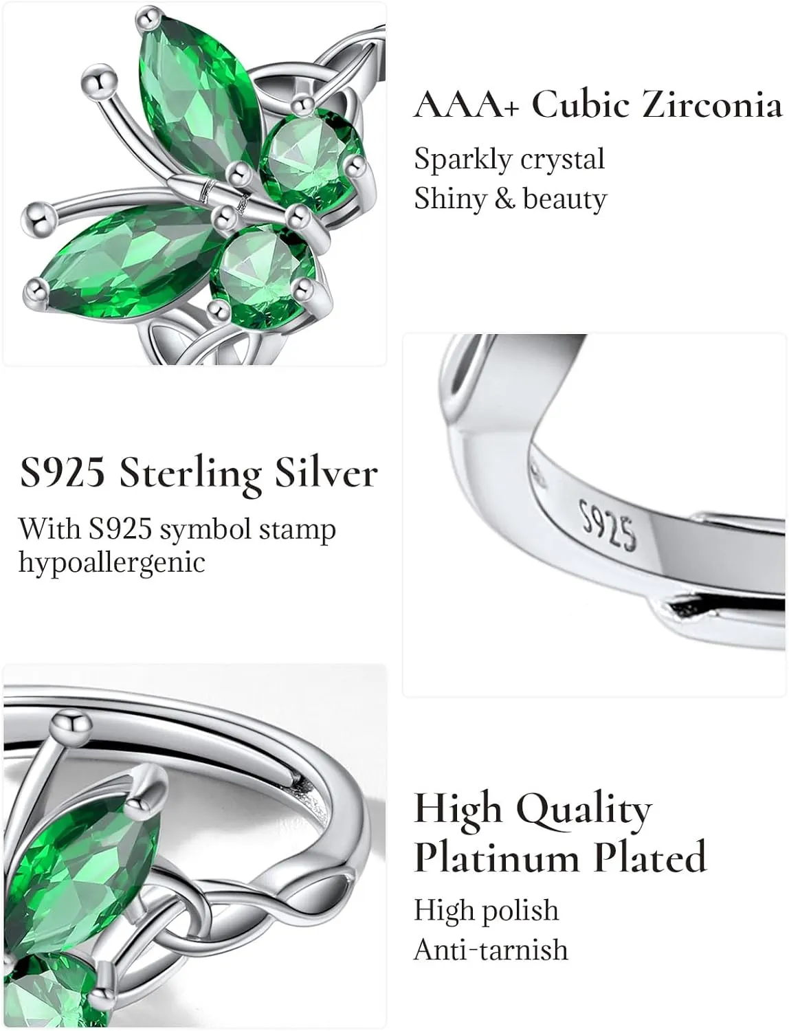 SILVERCUTE Butterfly Earrings Necklace Ring, 925 Sterling Silver Cute Ear Cuffs/Stackable Rings/Stud Earrings for Women Teen Girls -Stunning CZ Birthstone Butterfly Jewelry Gift with Box