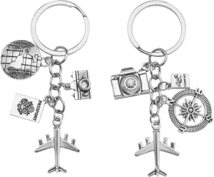 SING F LTD 2pcs Airplane Keychain Metal Keyring with Plane Passport Camera Earth Compass Charm Pendant Ornament Key Fob Decoration for Tour Guide Travel Enthusiasts