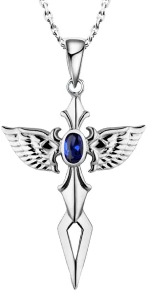 Sliver Wing Brid Animal Necklaces Blue Crystal Sword of Angel Pendants for Women Men Jewelry Gifts