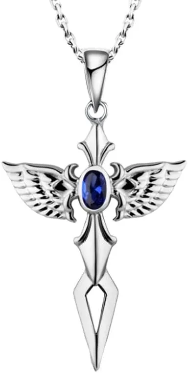 Sliver Wing Brid Animal Necklaces Blue Crystal Sword of Angel Pendants for Women Men Jewelry Gifts