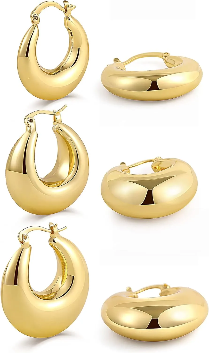 SLOONG 3 Pairs 14k Gold Plated Ball U Shape Pin Y2K Style Chunky Earring Link Chain Chunky Circle Hoop Earrings Paperclip Link Chain Jewelry Drop Dangle Earrings set for women