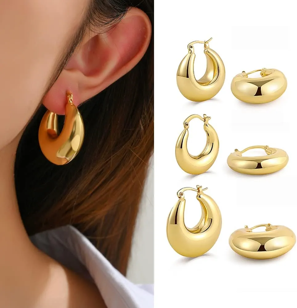 SLOONG 3 Pairs 14k Gold Plated Ball U Shape Pin Y2K Style Chunky Earring Link Chain Chunky Circle Hoop Earrings Paperclip Link Chain Jewelry Drop Dangle Earrings set for women
