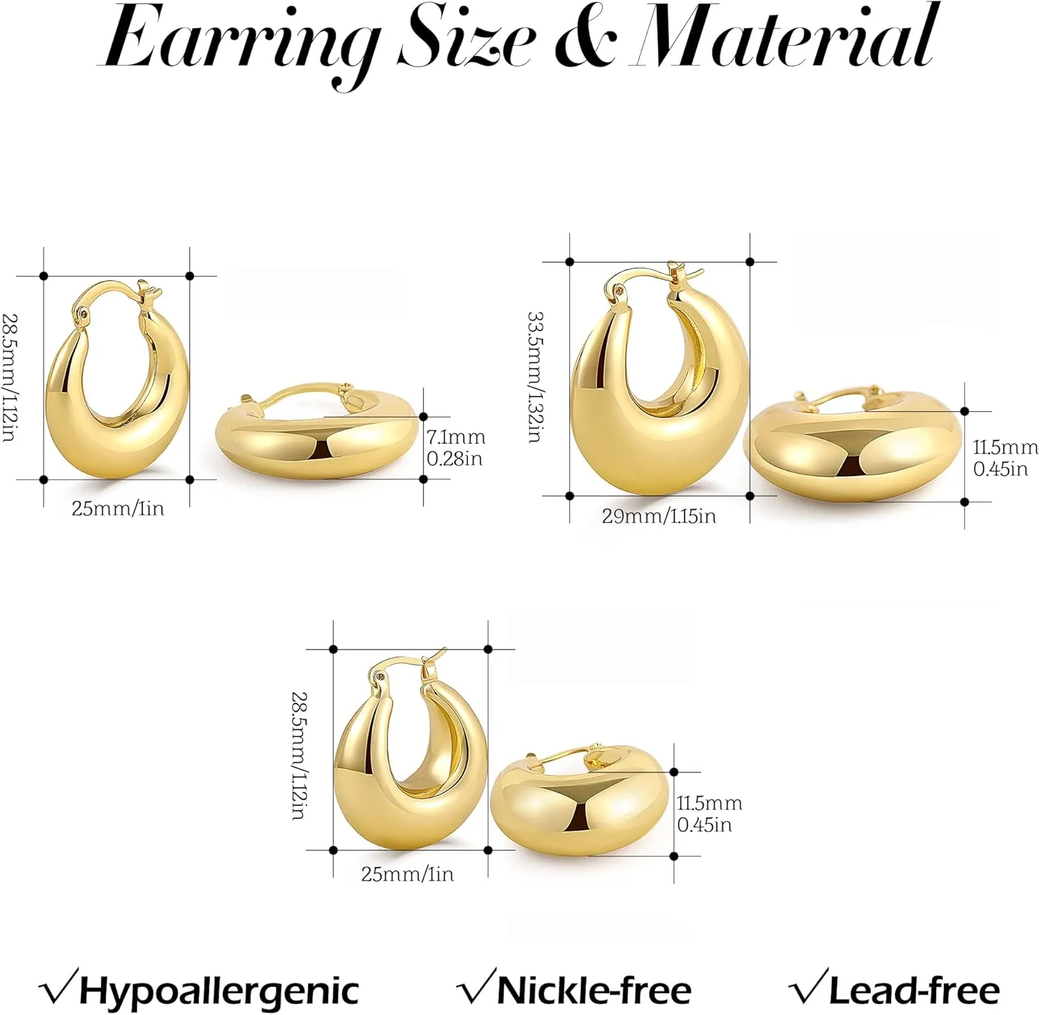 SLOONG 3 Pairs 14k Gold Plated Ball U Shape Pin Y2K Style Chunky Earring Link Chain Chunky Circle Hoop Earrings Paperclip Link Chain Jewelry Drop Dangle Earrings set for women
